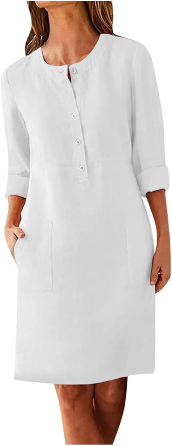 Women Plus Size Linen Cotton Casual Loose Comfy Knee Length Dress Half Button Dresses A Line Flowy Dresses with Pocket