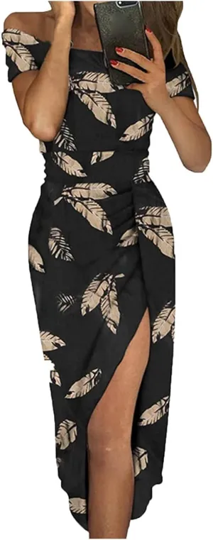 Women Sleeveless Cocktail Wedding Party Dress Sexy Short Sleeve Off Shoulder High Split Maxi Party Dresses Plus Size