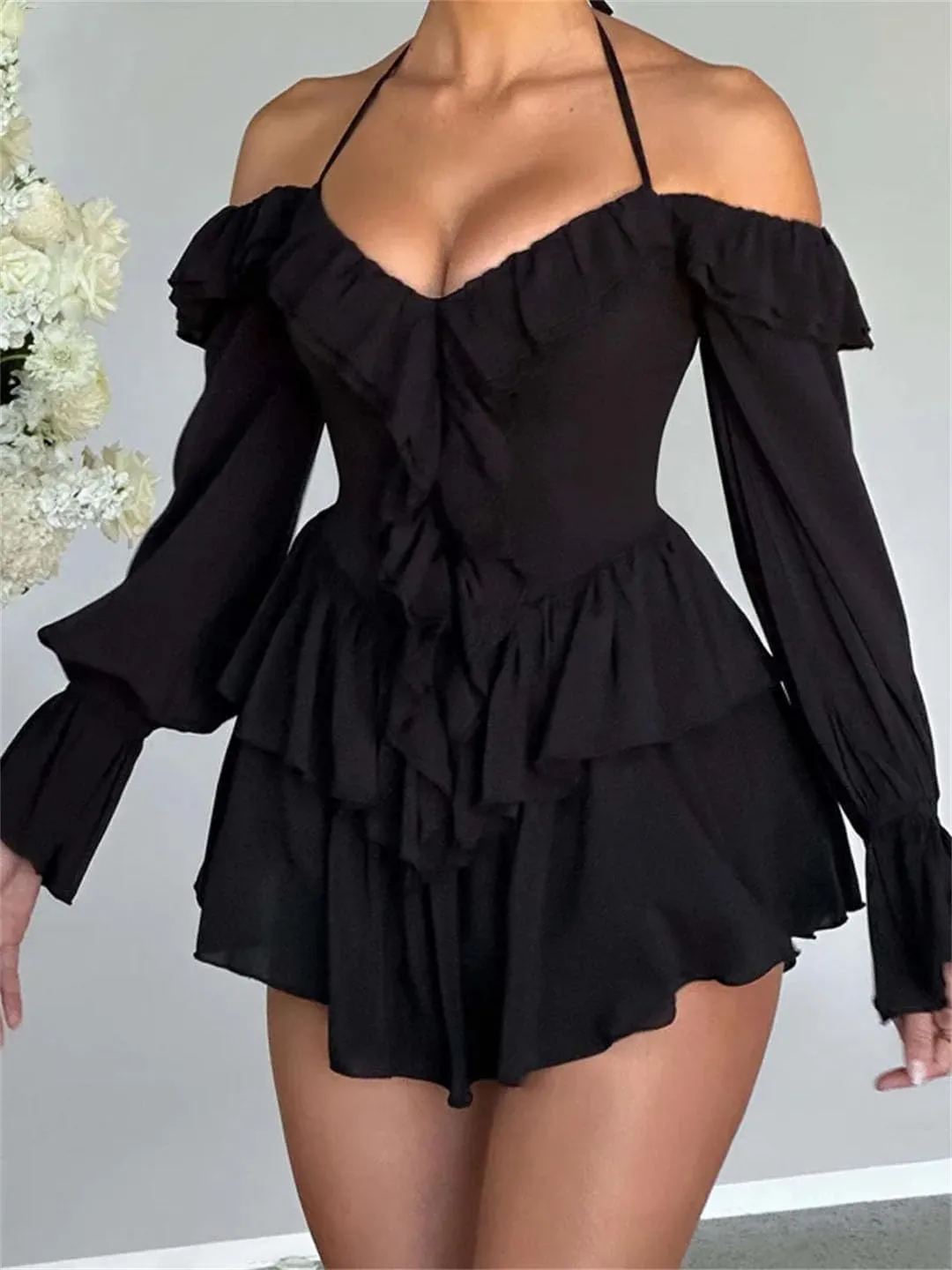 Women Solid Solid Color Halter Ruffle Flare Sleeves Mini Sexy Elegant Dress