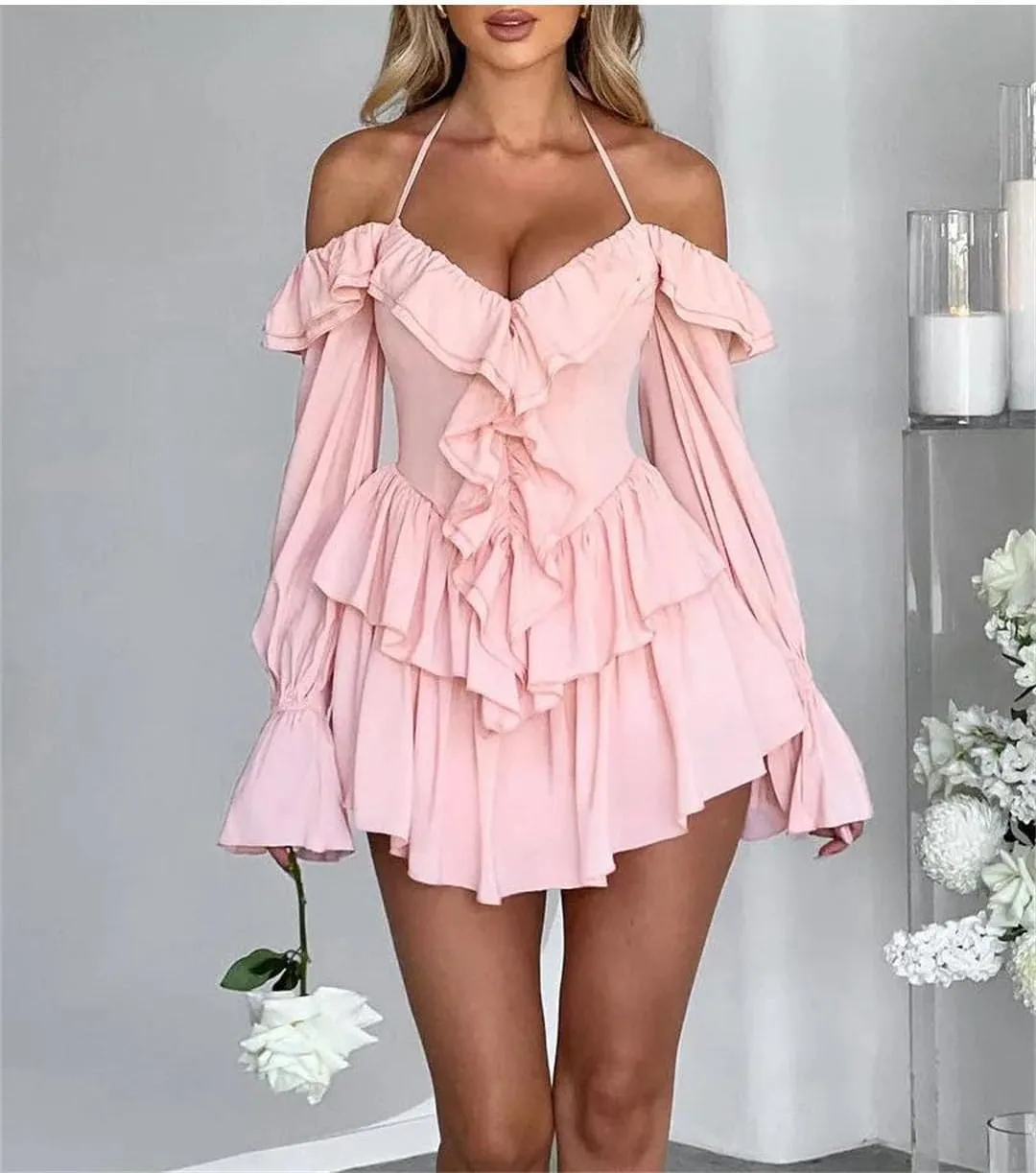 Women Solid Solid Color Halter Ruffle Flare Sleeves Mini Sexy Elegant Dress