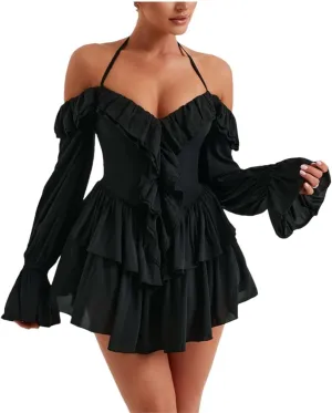 Women Solid Solid Color Halter Ruffle Flare Sleeves Mini Sexy Elegant Dress