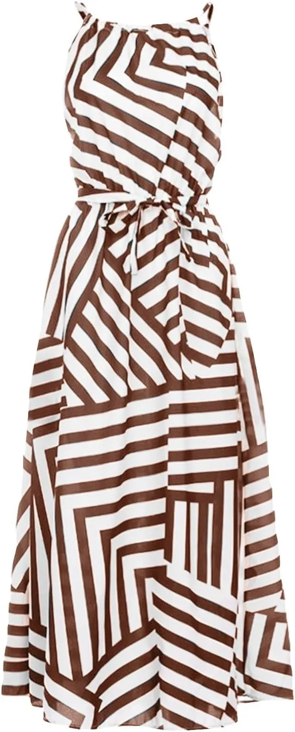 Women Spaghetti Strap Striped Sundress Sleeveless Tie Waist Maxi Dress Summer Smocked Flowy Trendy Boho Dresses 2024