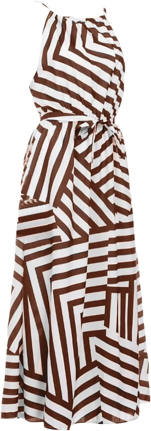 Women Spaghetti Strap Striped Sundress Sleeveless Tie Waist Maxi Dress Summer Smocked Flowy Trendy Boho Dresses 2024