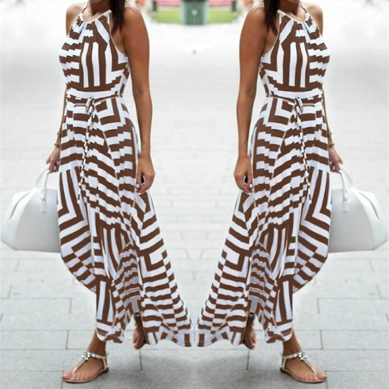 Women Spaghetti Strap Striped Sundress Sleeveless Tie Waist Maxi Dress Summer Smocked Flowy Trendy Boho Dresses 2024