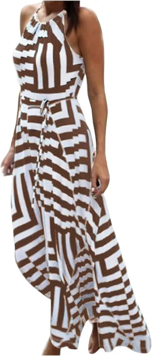 Women Spaghetti Strap Striped Sundress Sleeveless Tie Waist Maxi Dress Summer Smocked Flowy Trendy Boho Dresses 2024