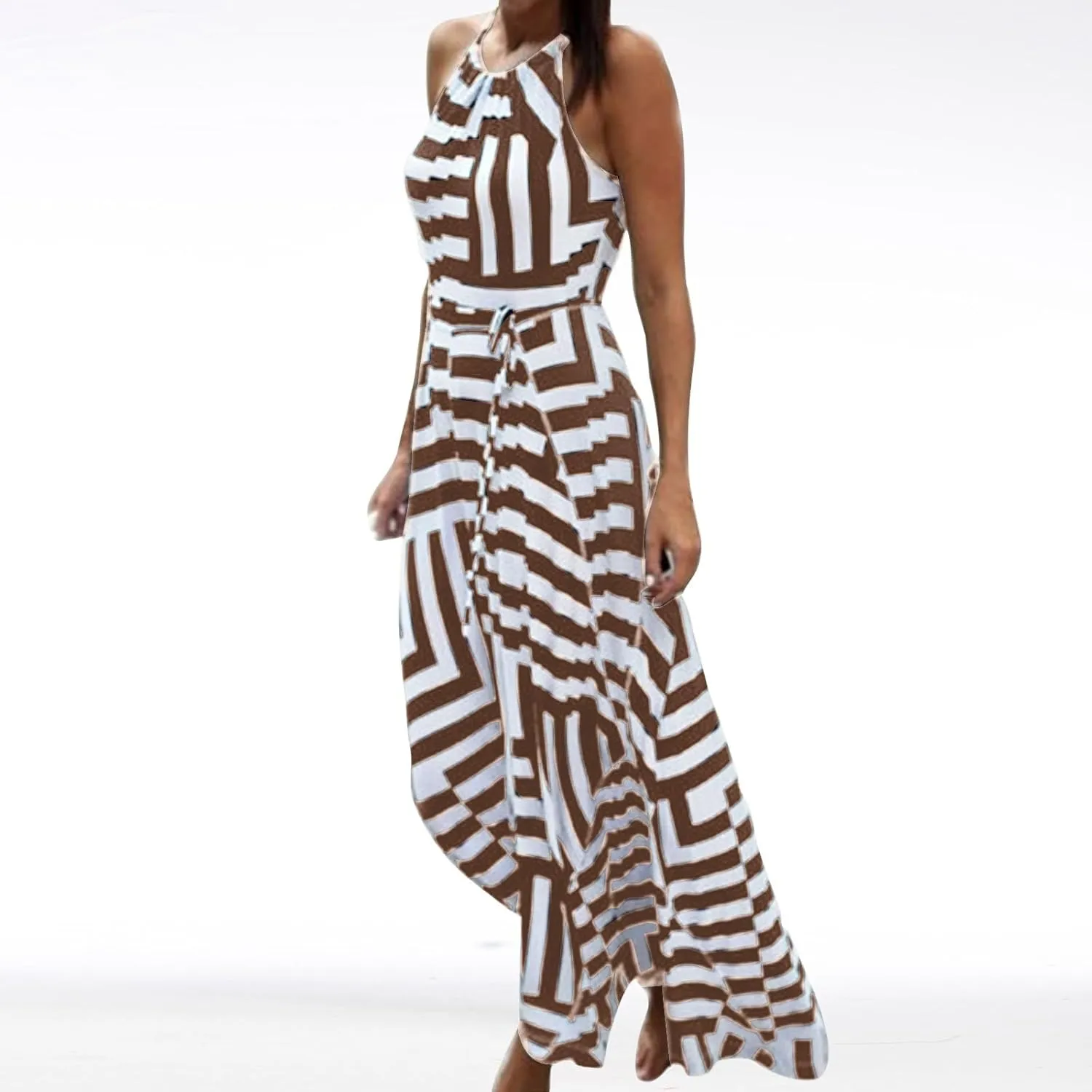 Women Spaghetti Strap Striped Sundress Sleeveless Tie Waist Maxi Dress Summer Smocked Flowy Trendy Boho Dresses 2024