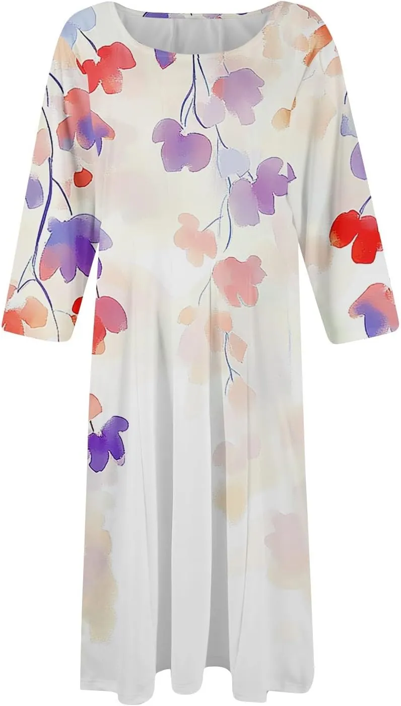 Women Spring Dresses Crewneck 3/4 Sleeve Midi Dresses Floral A Line Dress Summer Flowy Beach Dresses with Pocket