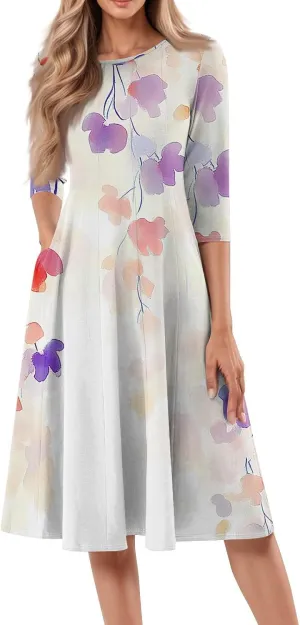 Women Spring Dresses Crewneck 3/4 Sleeve Midi Dresses Floral A Line Dress Summer Flowy Beach Dresses with Pocket