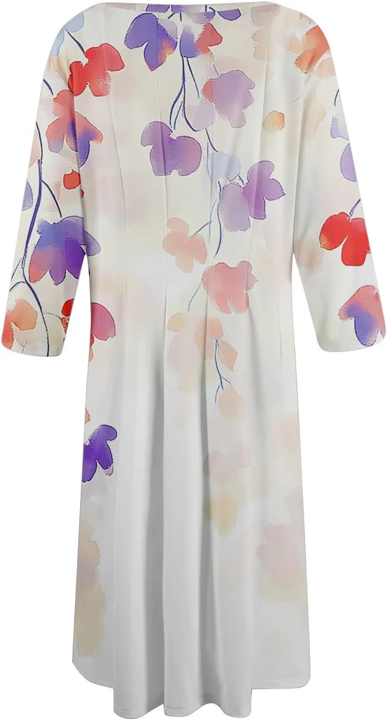 Women Spring Dresses Crewneck 3/4 Sleeve Midi Dresses Floral A Line Dress Summer Flowy Beach Dresses with Pocket