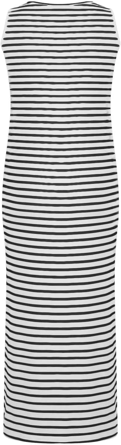 Women Striped Midi Dresses Sleeveless Scoop Neck Bodycon Dresses Button Down Casual Tank Dress Summer Sundress