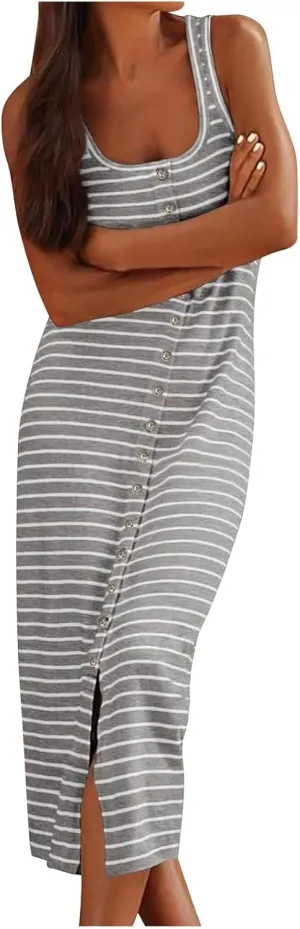 Women Striped Midi Dresses Sleeveless Scoop Neck Bodycon Dresses Button Down Casual Tank Dress Summer Sundress
