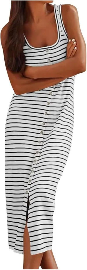 Women Striped Midi Dresses Sleeveless Scoop Neck Bodycon Dresses Button Down Casual Tank Dress Summer Sundress