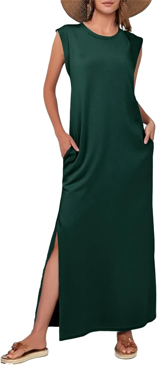 Women Summer Casual Dress Crew Neck Sleeveless Loose Split Long Maxi Beach Dress Travel Vacation Sundress with Pockets