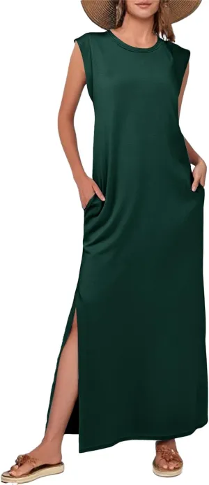 Women Summer Casual Dress Crew Neck Sleeveless Loose Split Long Maxi Beach Dress Travel Vacation Sundress with Pockets