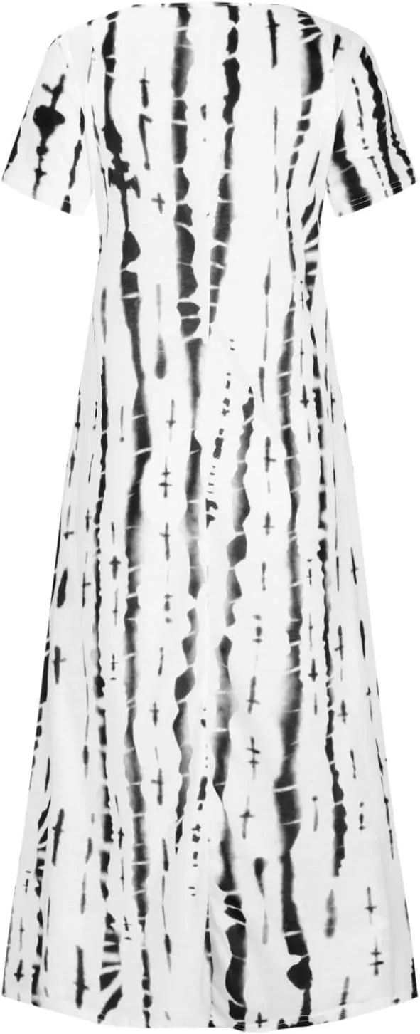Women Summer Dresses Boho Floral Print Loose Long Dresses Short Sleeve Beach Swing Dress Casual Striped Sundress