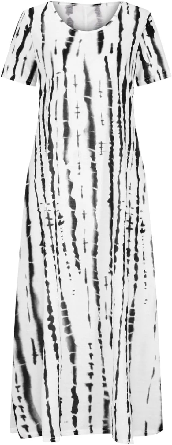 Women Summer Dresses Boho Floral Print Loose Long Dresses Short Sleeve Beach Swing Dress Casual Striped Sundress