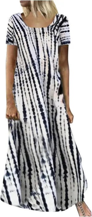 Women Summer Dresses Boho Floral Print Loose Long Dresses Short Sleeve Beach Swing Dress Casual Striped Sundress