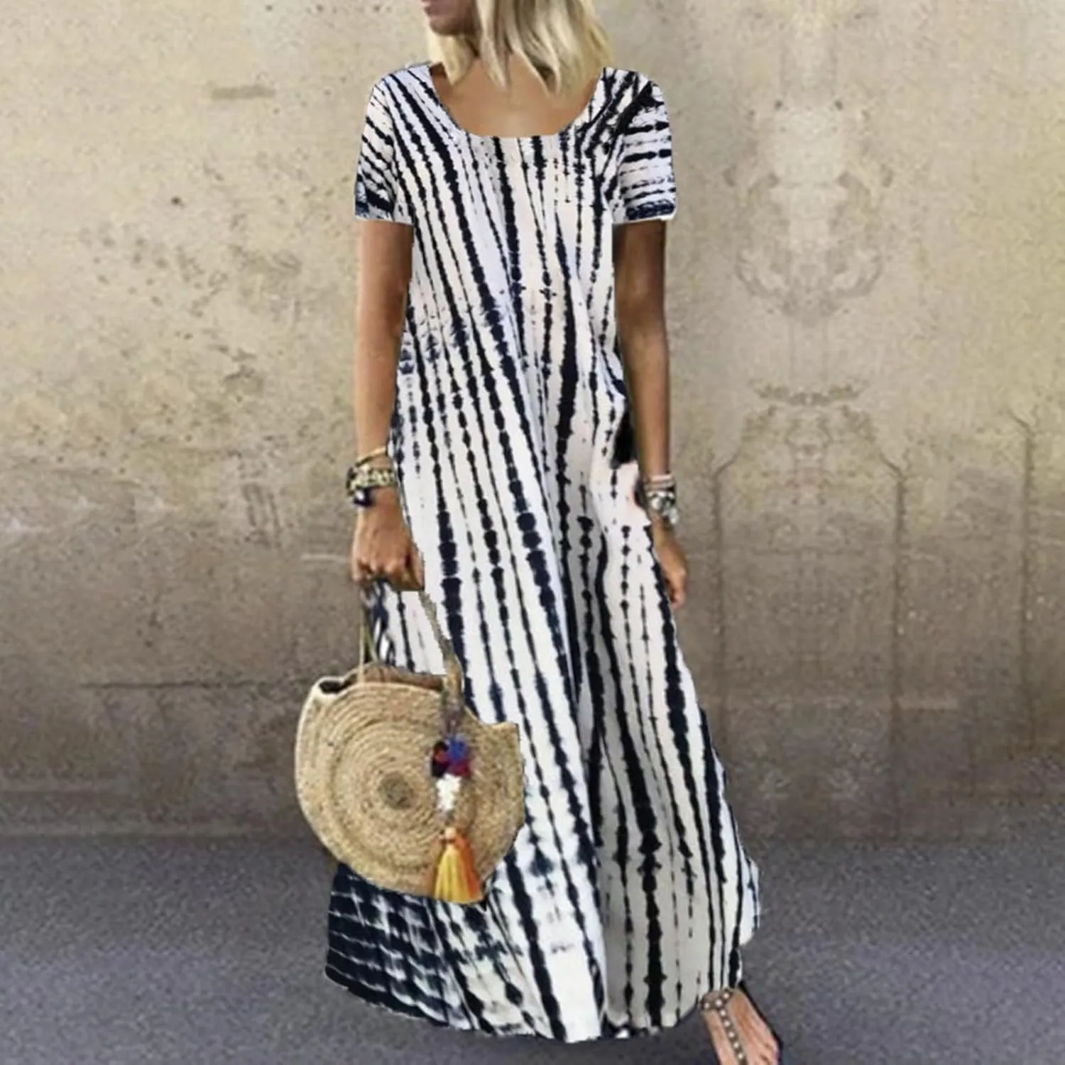 Women Summer Dresses Boho Floral Print Loose Long Dresses Short Sleeve Beach Swing Dress Casual Striped Sundress