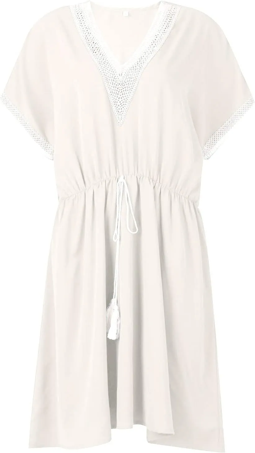 Women Summer Dresses Short Sleeve Flowy Dresses Casual Loose Swing Midi Dress Lace V Neck Comfy Beach Sundress