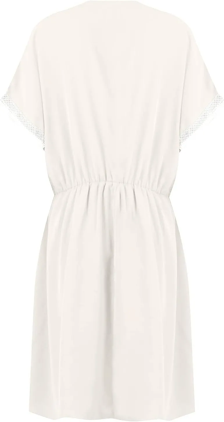 Women Summer Dresses Short Sleeve Flowy Dresses Casual Loose Swing Midi Dress Lace V Neck Comfy Beach Sundress
