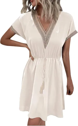 Women Summer Dresses Short Sleeve Flowy Dresses Casual Loose Swing Midi Dress Lace V Neck Comfy Beach Sundress