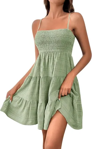 Women Summer Dresses Square Neck Casual Sleeveless 2025 Dress Smocked Sundress A Line Tiered Beach Dress