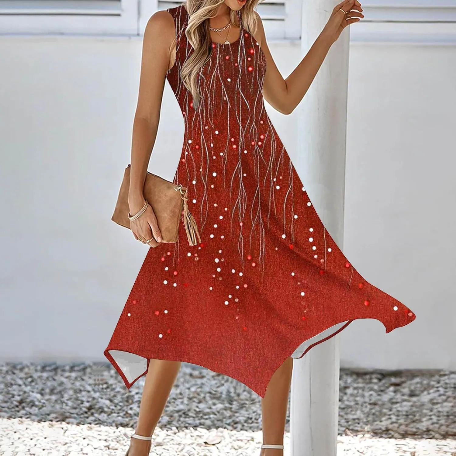 Women Summer Long Midi Dress Casual Sleeveless Sun Dresses Trendy Floral Print Boho Beach Sundress with Pockets