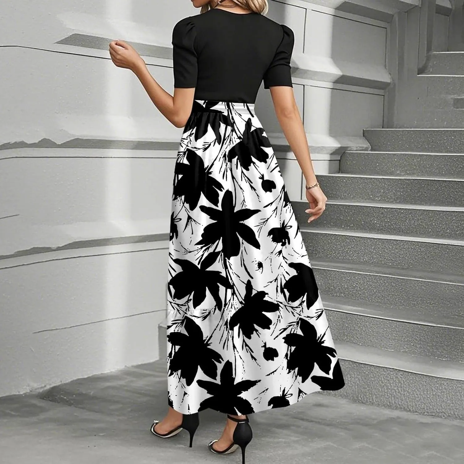 Women Summer Midi Dress- Floral Short Sleeve Patchwork Ruffle Hem Dresses Teacher Church Business Casual Work Outfits
