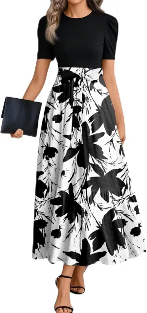 Women Summer Midi Dress- Floral Short Sleeve Patchwork Ruffle Hem Dresses Teacher Church Business Casual Work Outfits