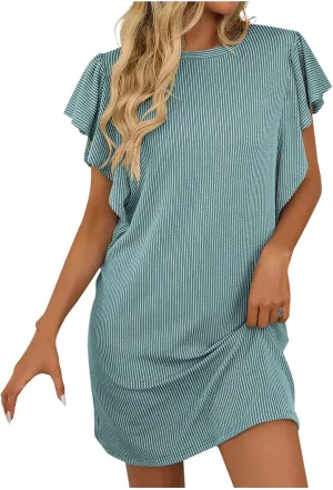 Women Summer Ruffle Sleeve Dresses Casual Beach Mini Dress Textured Striped Shift T-Shirt Dress Going Out Outfits