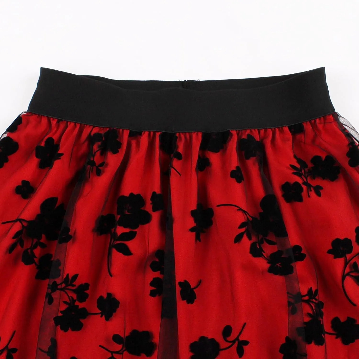 Women Tutu Tulle Skirt Elastic High Waist Layered Skirt Floral Print Mesh A-Line Midi Skirt Vintage Pleated Skirts