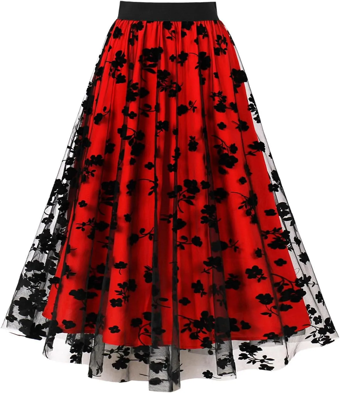 Women Tutu Tulle Skirt Elastic High Waist Layered Skirt Floral Print Mesh A-Line Midi Skirt Vintage Pleated Skirts