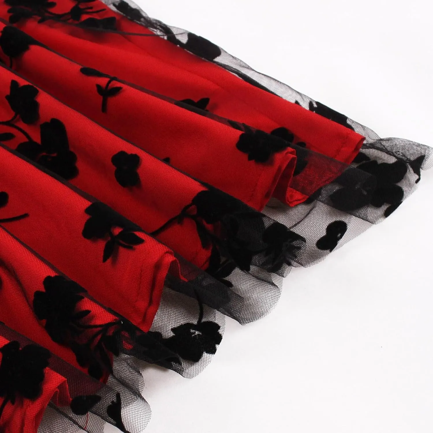 Women Tutu Tulle Skirt Elastic High Waist Layered Skirt Floral Print Mesh A-Line Midi Skirt Vintage Pleated Skirts