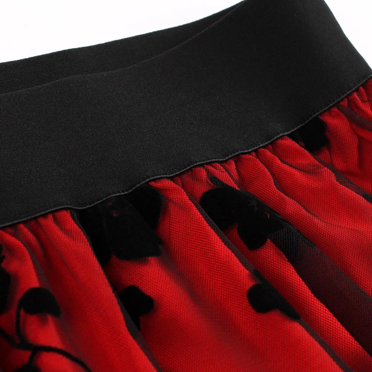 Women Tutu Tulle Skirt Elastic High Waist Layered Skirt Floral Print Mesh A-Line Midi Skirt Vintage Pleated Skirts
