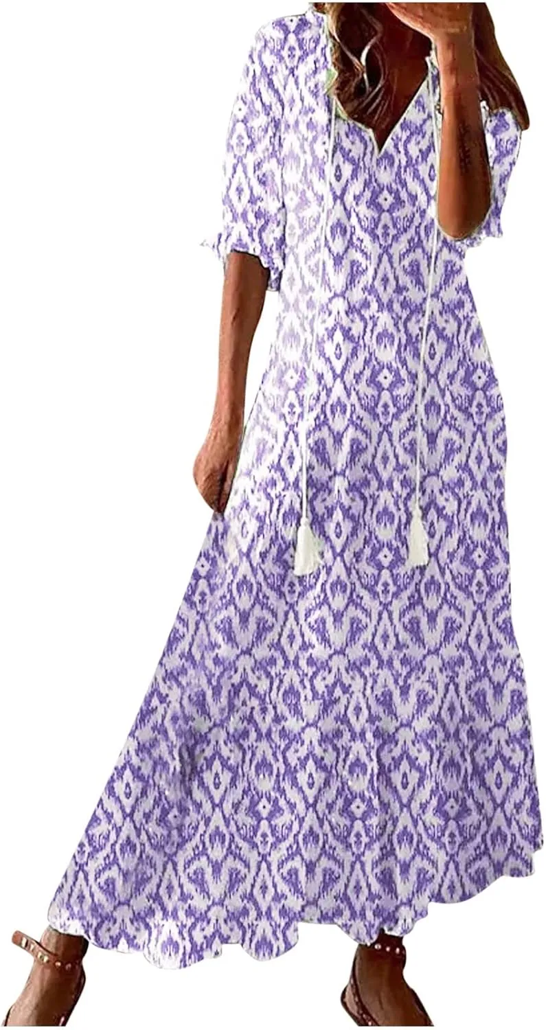 Women V Neck Dresses for Women Short 1/2 Sleeve Floral Graphic Loose Fit Maxi Long Summer Fall 2025 Trendy