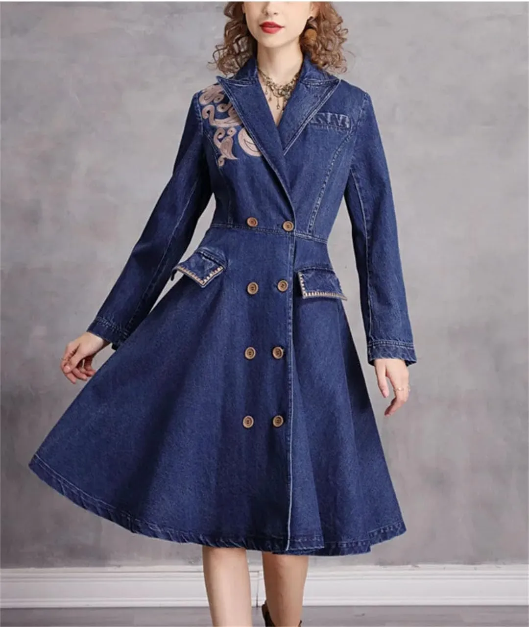 Women Vintage Blazer Dress High Waisted Doubld Breasted A-Line Denim Dresses Ladies Embroidery Jeans Dress