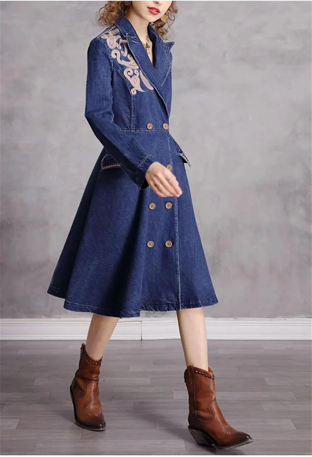 Women Vintage Blazer Dress High Waisted Doubld Breasted A-Line Denim Dresses Ladies Embroidery Jeans Dress