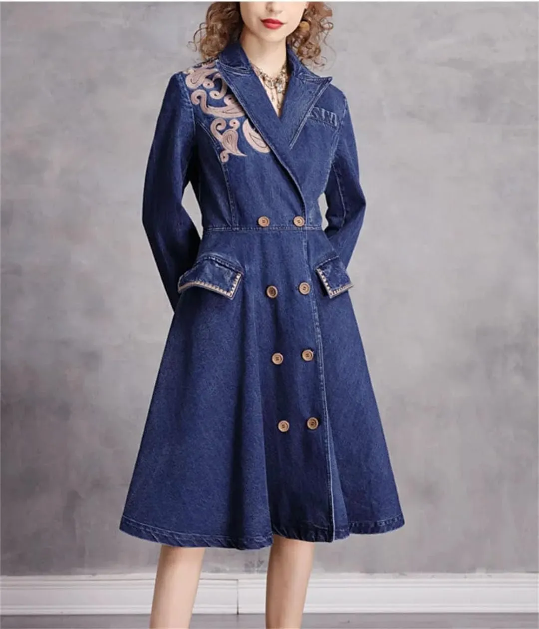 Women Vintage Blazer Dress High Waisted Doubld Breasted A-Line Denim Dresses Ladies Embroidery Jeans Dress