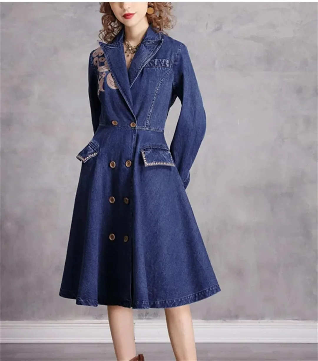Women Vintage Blazer Dress High Waisted Doubld Breasted A-Line Denim Dresses Ladies Embroidery Jeans Dress