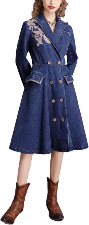 Women Vintage Blazer Dress High Waisted Doubld Breasted A-Line Denim Dresses Ladies Embroidery Jeans Dress