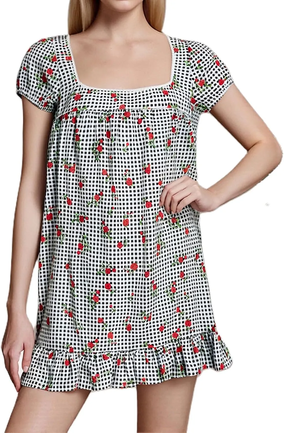 Women Y2k Gingham Mini Dress Puff Short Sleeve Square Neck Ruffle Sundresses Floral Print Loose Fit Dresses