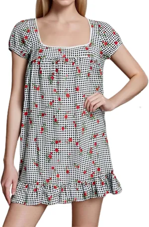 Women Y2k Gingham Mini Dress Puff Short Sleeve Square Neck Ruffle Sundresses Floral Print Loose Fit Dresses