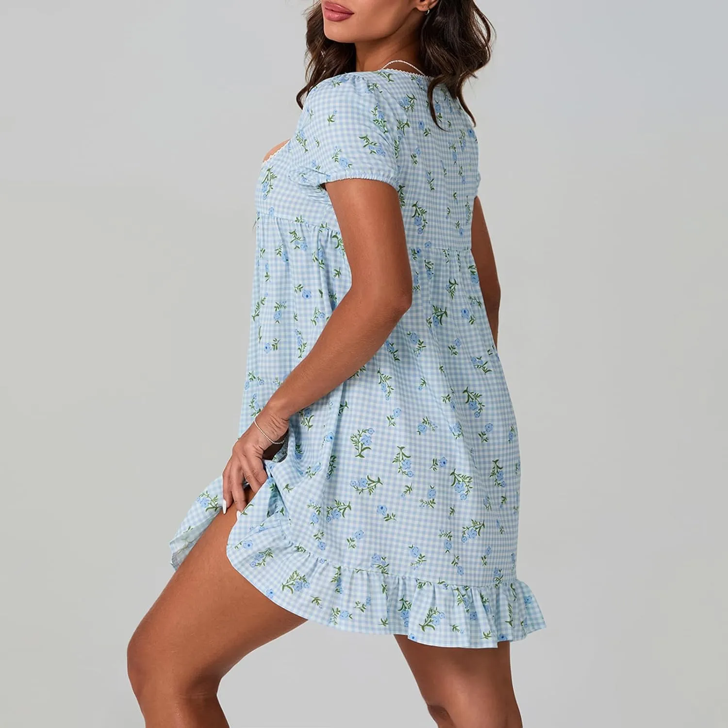 Women Y2k Gingham Mini Dress Puff Short Sleeve Square Neck Ruffle Sundresses Floral Print Loose Fit Dresses