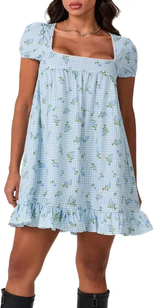 Women Y2k Gingham Mini Dress Puff Short Sleeve Square Neck Ruffle Sundresses Floral Print Loose Fit Dresses
