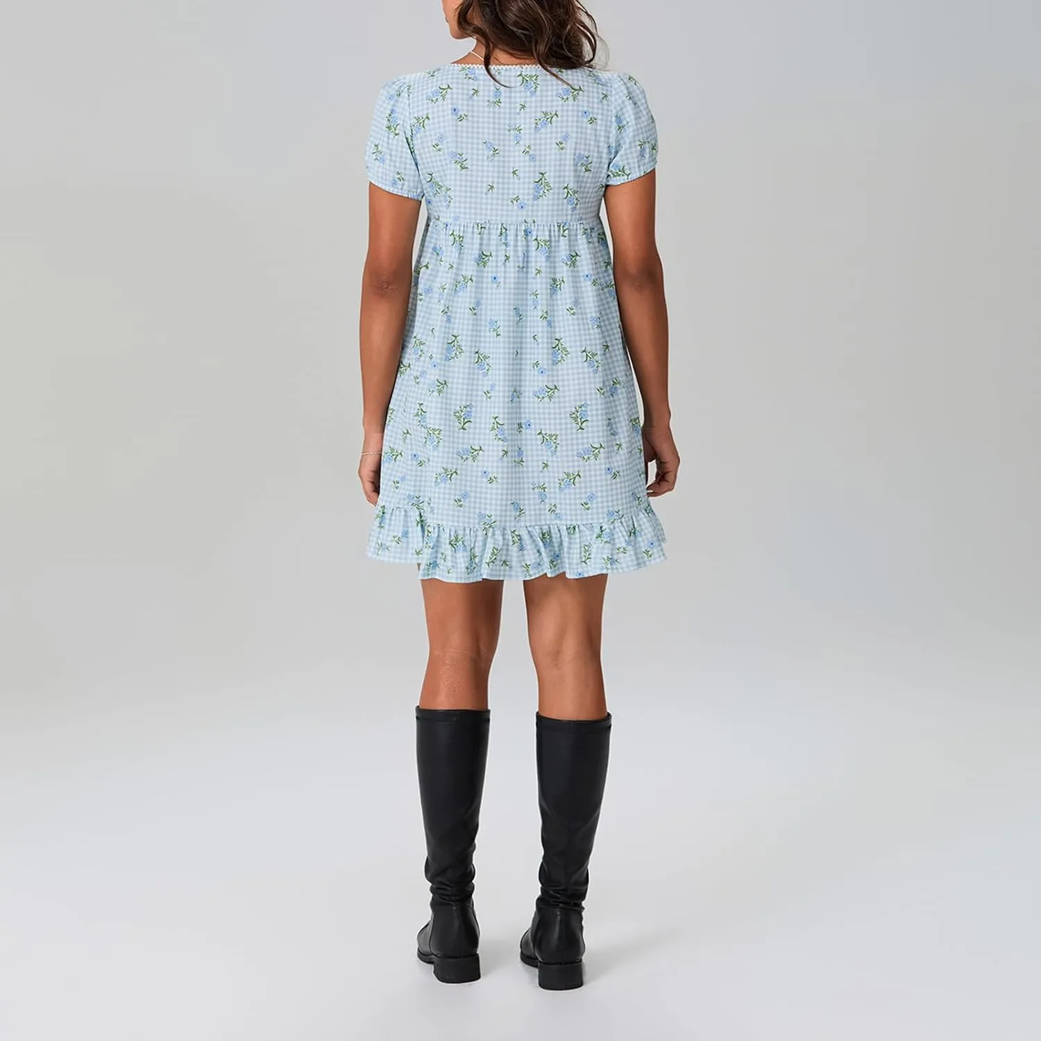 Women Y2k Gingham Mini Dress Puff Short Sleeve Square Neck Ruffle Sundresses Floral Print Loose Fit Dresses
