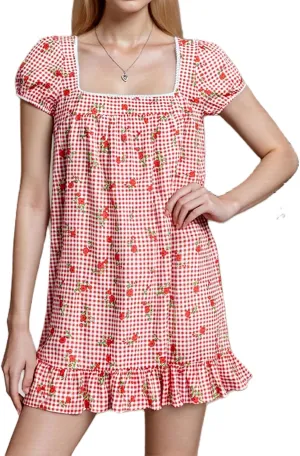 Women Y2k Gingham Mini Dress Puff Short Sleeve Square Neck Ruffle Sundresses Floral Print Loose Fit Dresses