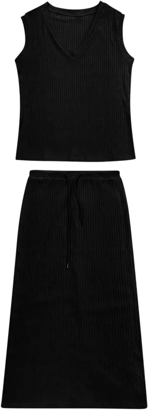 Women's 2 Piece Sweater Skirt Sets Sleeveless V Neck Knit Ribbed Vest Tops Midi Skirt Plus Size Skirt