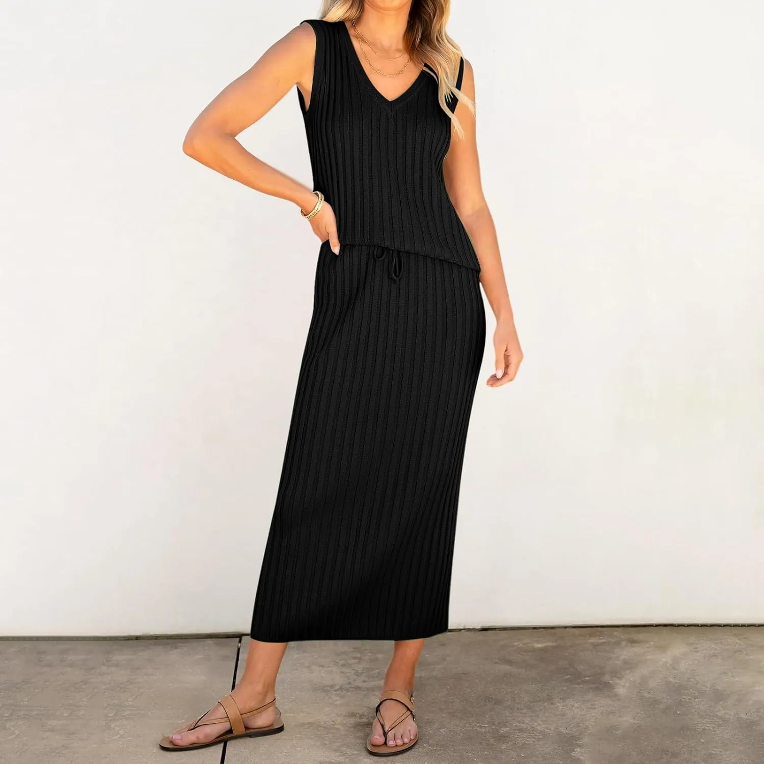 Women's 2 Piece Sweater Skirt Sets Sleeveless V Neck Knit Ribbed Vest Tops Midi Skirt Plus Size Skirt