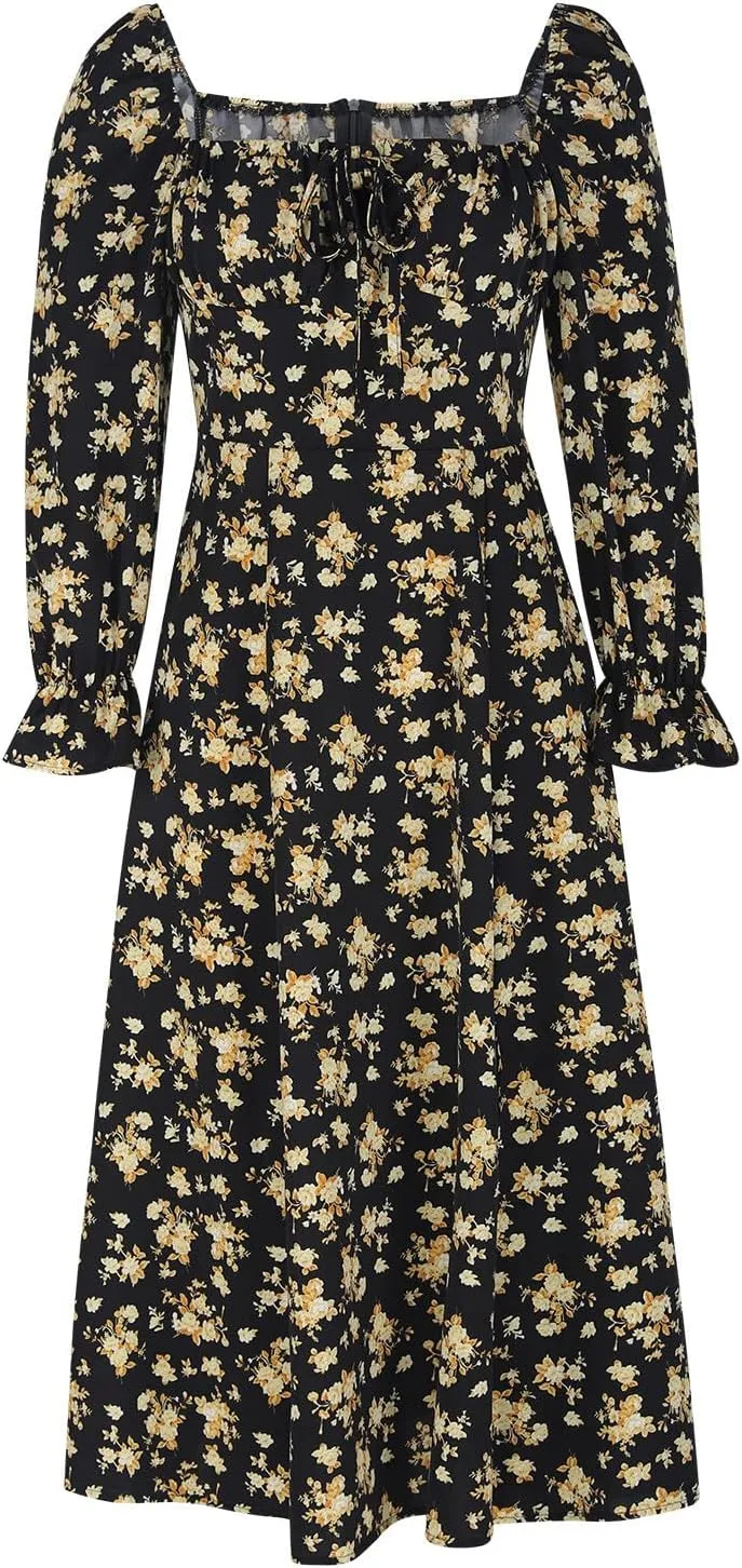 Women's 2024 Fall Sexy Dress Ruffle Puff Long Sleeve Square Neck Dresses Boho Floral Print High Side Split Maxi Dress