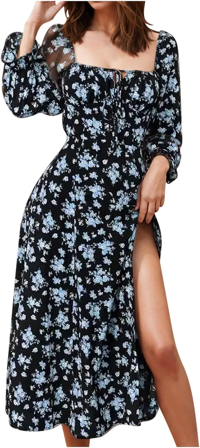 Women's 2024 Fall Sexy Dress Ruffle Puff Long Sleeve Square Neck Dresses Boho Floral Print High Side Split Maxi Dress